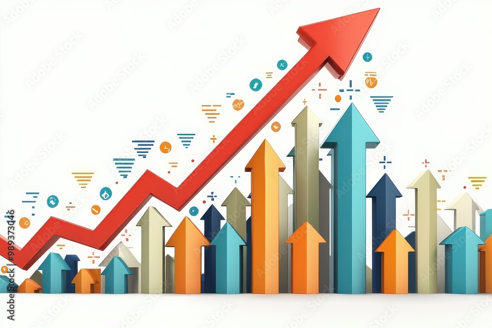 3D red arrow going up on a white background surrounded by colorful upward arrows symbolizing growth and success 3D red arrow going up on a white background surrounded by colorful upward arrows symbolizing growth and success