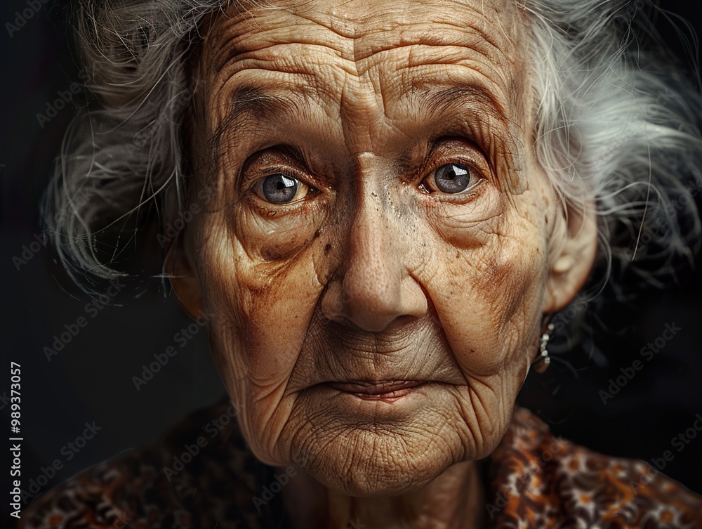 Close-Up Portrait of an Elderly Woman with Wrinkled Skin and Deep Eyes Close-Up Portrait of an Elderly Woman with Wrinkled Skin and Deep Eyes