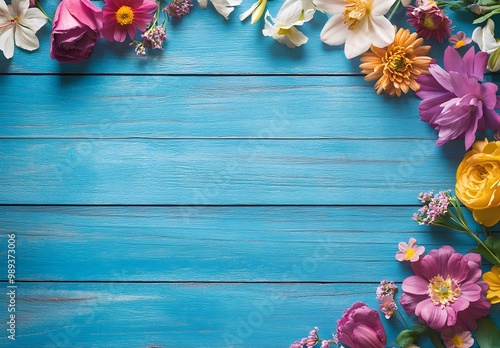 Colorful Flower Border on Blue Wooden Background