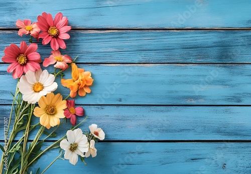 Colorful Flowers on Blue Wooden Background with Copy Space