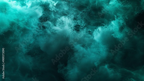 Abstract green smoke levitation with white lighting on a dark monochrome background