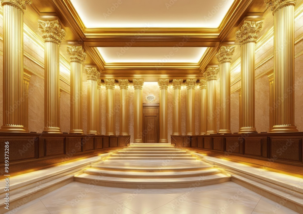 Elegant Courtroom Interior with Golden Accents and Intricate Wood Carvings for Prestige Atmosphere Elegant Courtroom Interior with Golden Accents and Intricate Wood Carvings for Prestige Atmosphere
