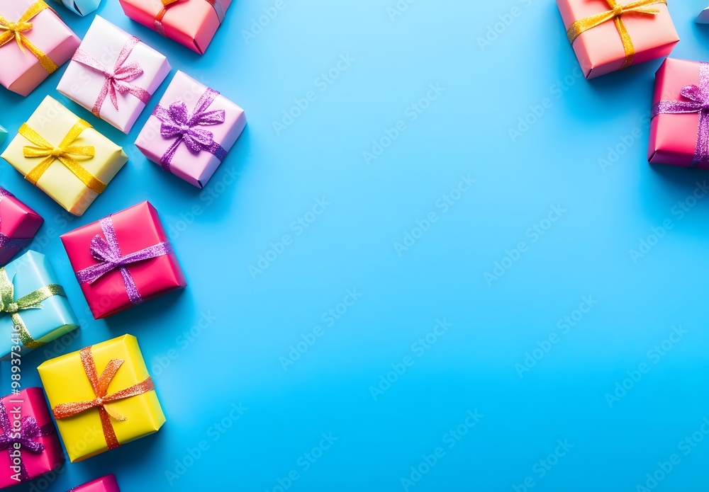 Colorful Gift Boxes Blue Background Flat Lay Colorful Gift Boxes Blue Background Flat Lay