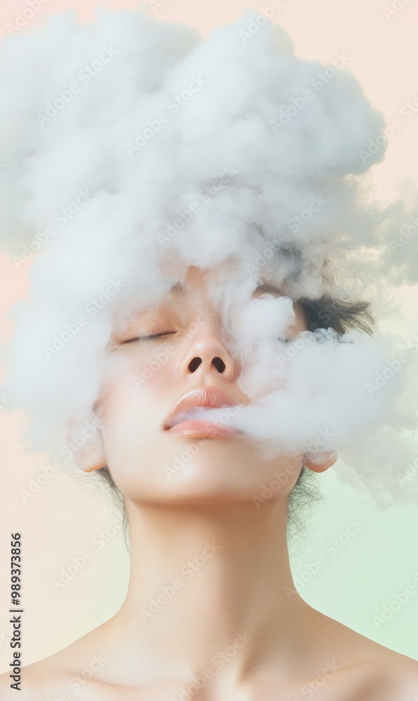 Beautiful Asian Woman in Soft Light with Vape Cloud Cover Beautiful Asian Woman in Soft Light with Vape Cloud Cover
