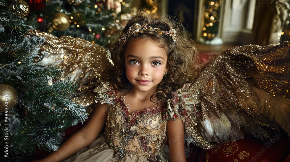 little girl in a dress with angel wings on the background of a Christmas tree, new year, masquerade, carnival, child, holiday, party, celebration, postcard, winter, december, portrait, kid, childhood little girl in a dress with angel wings on the background of a Christmas tree, new year, masquerade, carnival, child, holiday, party, celebration, postcard, winter, december, portrait, kid, childhood