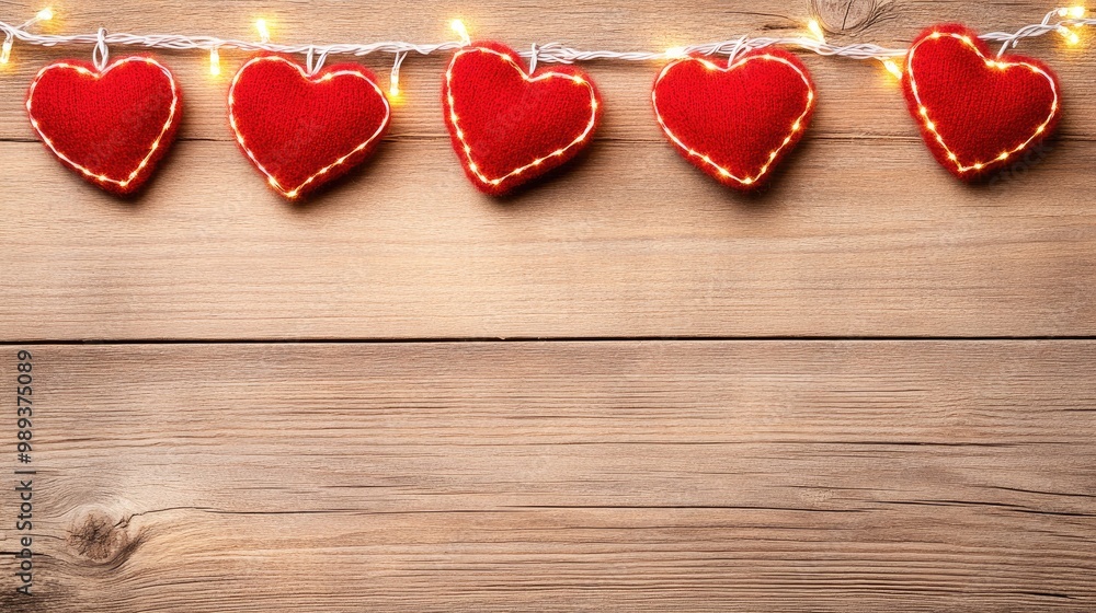 Fototapeta premium Celebrate love with a charming display of red hearts and warm lights on a rustic wooden background for Valentine's Day festivities