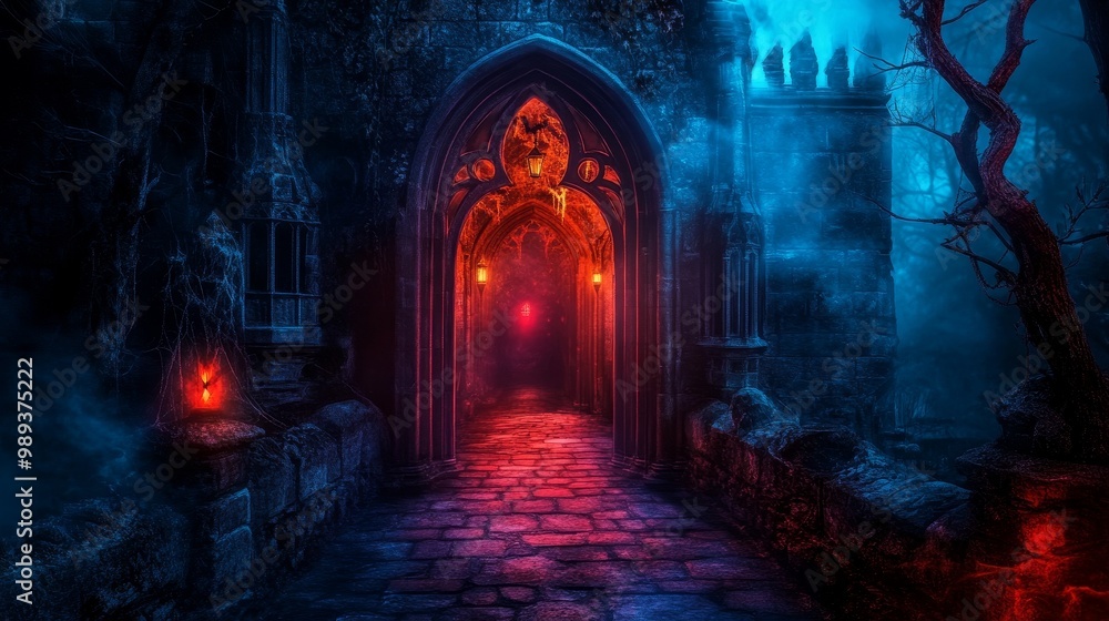 An eerie, illuminated archway leads into a misty, dark landscape, emitting an ominous and mysterious atmosphere with blue and red lighting. An eerie, illuminated archway leads into a misty, dark landscape, emitting an ominous and mysterious atmosphere with blue and red lighting.