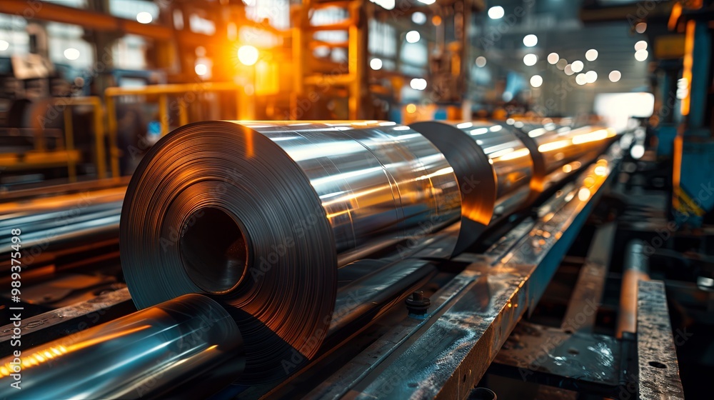 Obraz premium Galvanized steel roll coil for metal sheet forming machines in a metalwork factory workshop, illuminated by sunlight