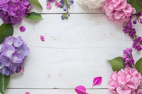 Purple Pink Flowers White Wooden Table Copy Space