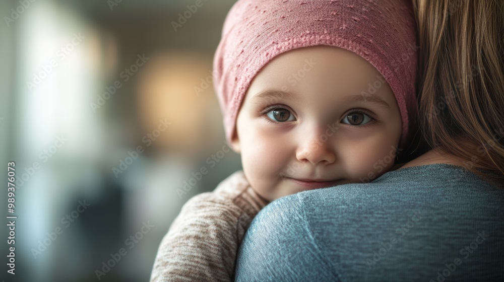 A smiling child with a pink headband gazes affectionately from a parent's shoulder, conveying warmth and connection. A smiling child with a pink headband gazes affectionately from a parent's shoulder, conveying warmth and connection.