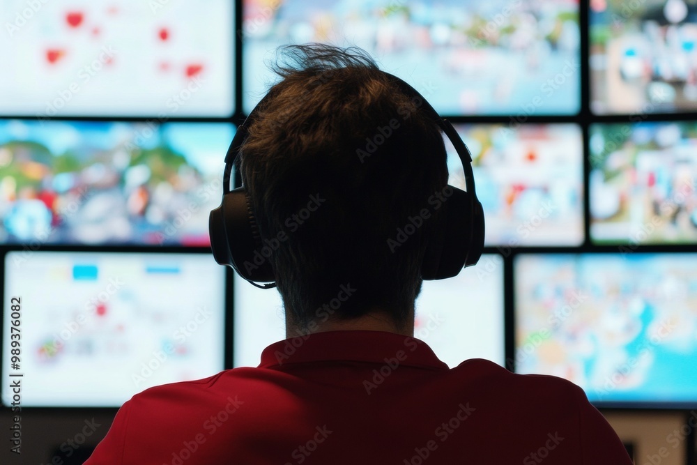 Male News Anchor Monitoring Disaster Updates in Technologically Advanced Newsroom with Multiple Screens Male News Anchor Monitoring Disaster Updates in Technologically Advanced Newsroom with Multiple Screens