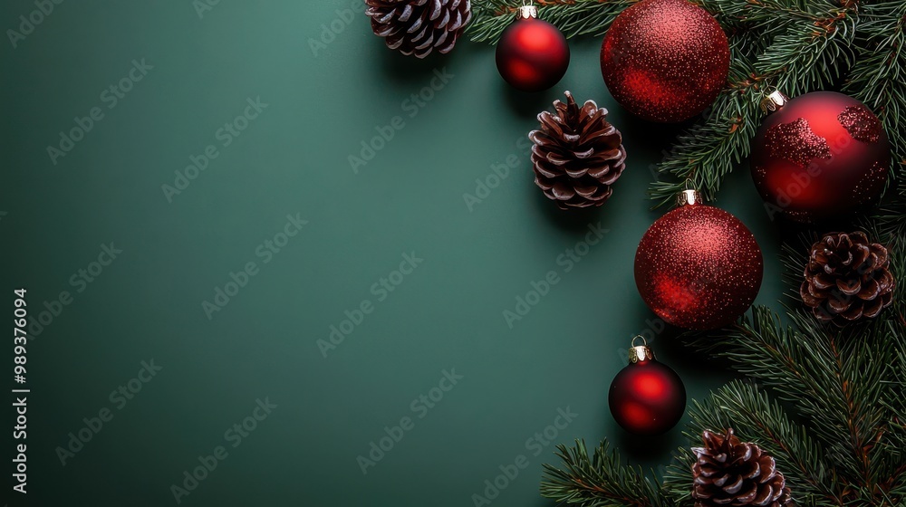 Christmas Ornaments on Dark Green Background Christmas Ornaments on Dark Green Background