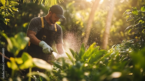 Tending to Growth: Gardener Nurturing Plants with Natural Fertilizer in Serene Garden Setting