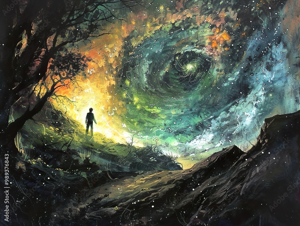 Man Gazing at the Cosmic Spiral: A Night Sky Landscape Painting Man Gazing at the Cosmic Spiral: A Night Sky Landscape Painting