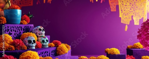 Colorful altar for Day of the Dead with marigolds and sugar skulls, purple background, vibrant decorative elements.