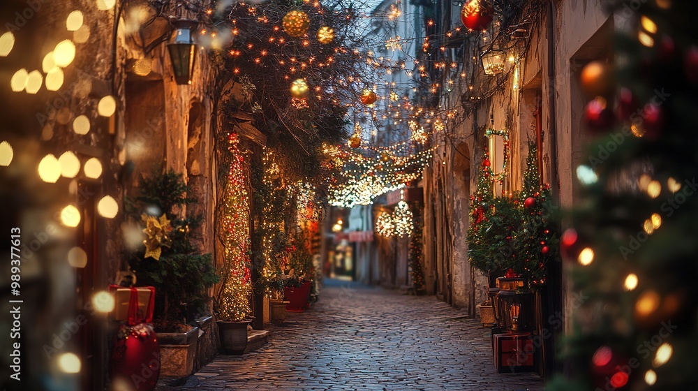 Magical holiday street adorned with sparkling lights and Christmas trees at twilight Magical holiday street adorned with sparkling lights and Christmas trees at twilight