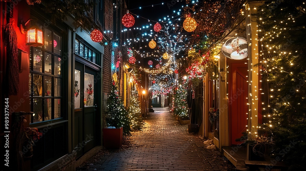 Magical holiday street adorned with sparkling lights and Christmas trees at twilight Magical holiday street adorned with sparkling lights and Christmas trees at twilight