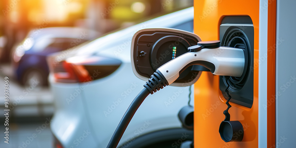 Electric car plugged into a charging station on a sunny day Electric car plugged into a charging station on a sunny day