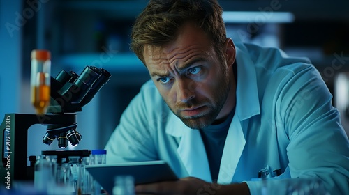 Scientist examining samples under a microscope in a laboratory setting. photo