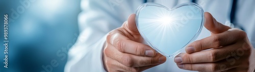 A caring professional holds a glowing heart symbol, representing health, hope, and compassion in a modern medical setting.