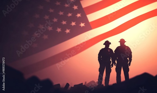 Police Officer and Firefighter in Silhouette Under American Flag during Evening Disaster Relief Effort