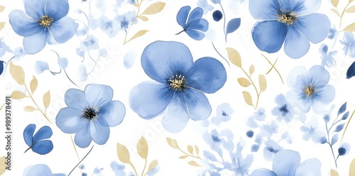 Abstract floral pattern in a watercolor style, in shades of blue and white with gold accents