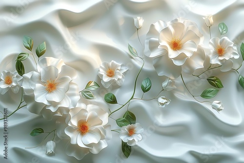 Wallpaper Mural A sleek white bench surrounded by gardenias, placed in a white studio background with a white statue in the middle. Torontodigital.ca