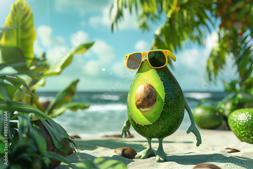 The evil avocado supervillain standing on a tropical beach, 3D illustration.


 photo