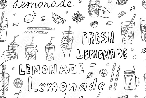 Seamless pattern of lemonades in doodle style. Non-acoholic cocktails with ice cubes, mint, lemon, straw and lettering. Good for bar menu design, packaging. Vector illustration. Hand drawn.