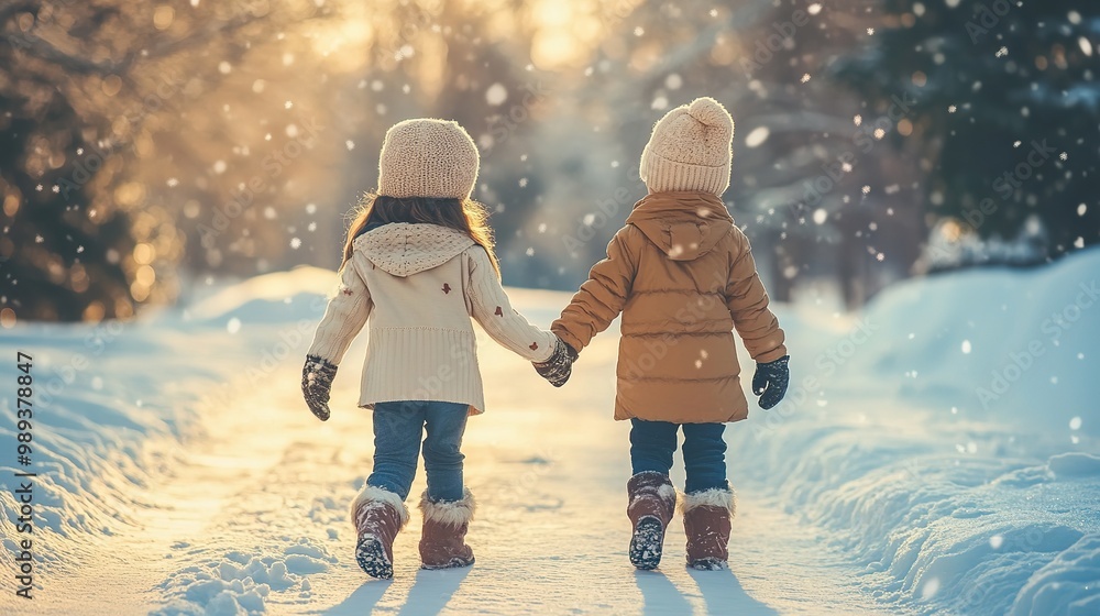 Two young children walk hand in hand down a snowy path surrounded by trees while snowflakes gently fall during golden hour Two young children walk hand in hand down a snowy path surrounded by trees while snowflakes gently fall during golden hour