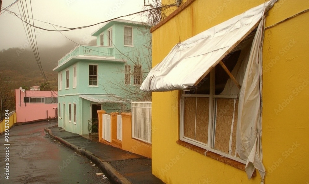 Fototapeta premium Mountain Community Secures Homes Before Hurricane - Residential Area with Storm Prep