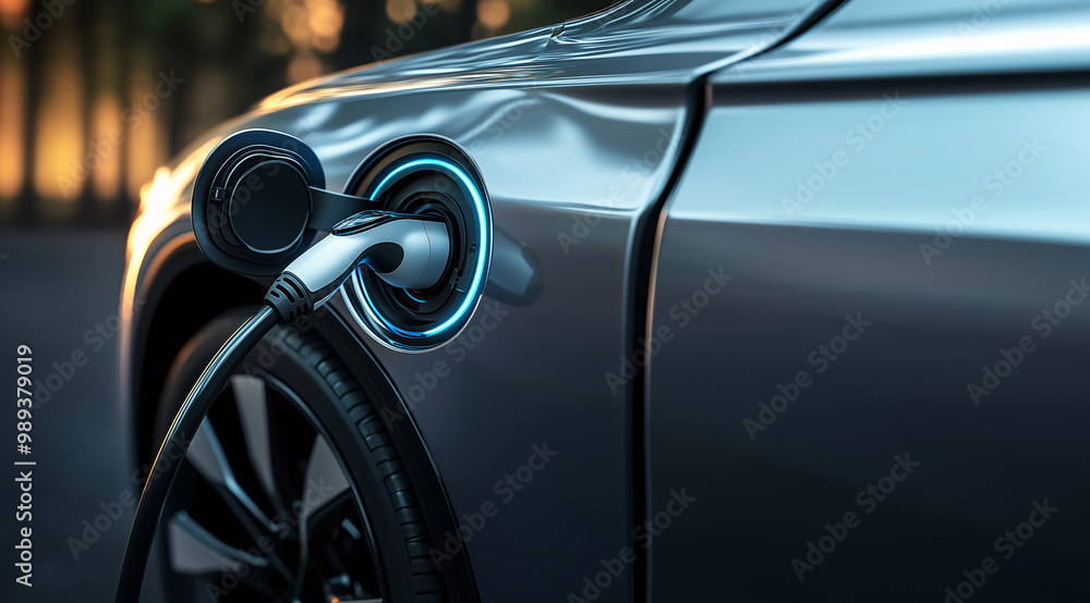 Electric car being charged with charging cable connected to port Electric car being charged with charging cable connected to port