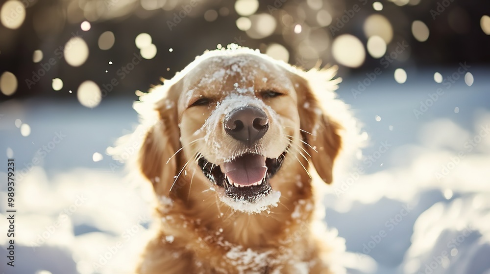 A playful dog joyfully romps in the soft, white snow during a bright winter day, surrounded by glistening snowflakes A playful dog joyfully romps in the soft, white snow during a bright winter day, surrounded by glistening snowflakes