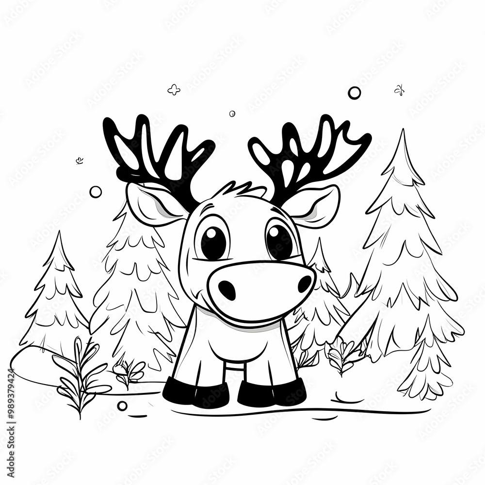 Cute Reindeer Illustration in Winter Forest Cute Reindeer Illustration in Winter Forest