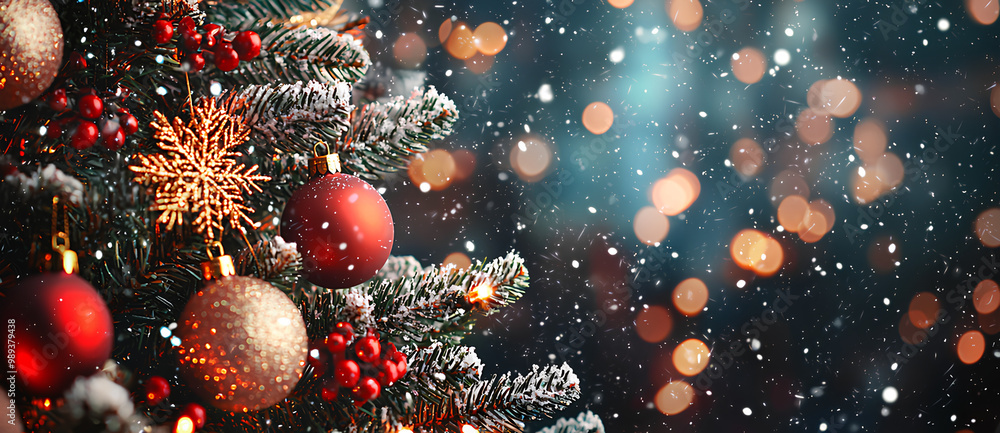 Christmas tree with red and gold ornaments and snow falling on it Christmas tree with red and gold ornaments and snow falling on it