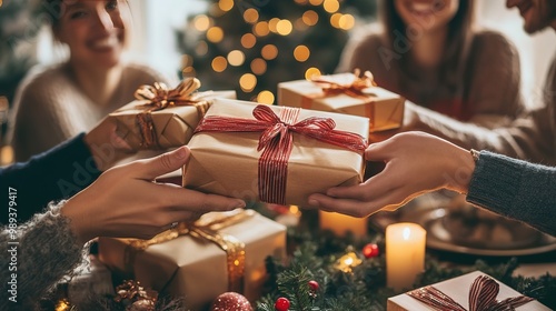 A joyful exchange of gifts during a festive celebration near a decorated Christmas tree in a cozy indoor setting