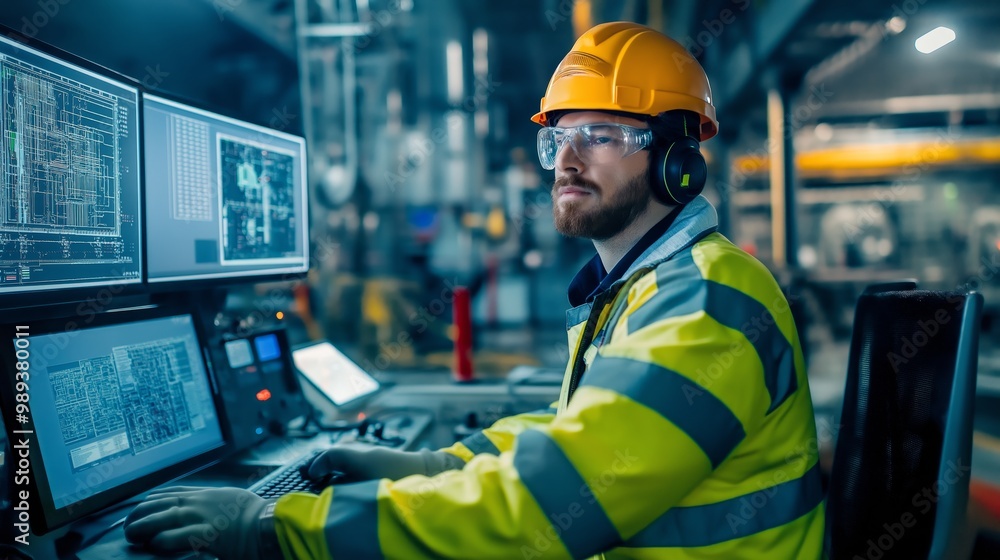 an engineer working on machine screen at industrial factory wearing protective gear jumpsuit and safety cap an engineer working on machine screen at industrial factory wearing protective gear jumpsuit and safety cap