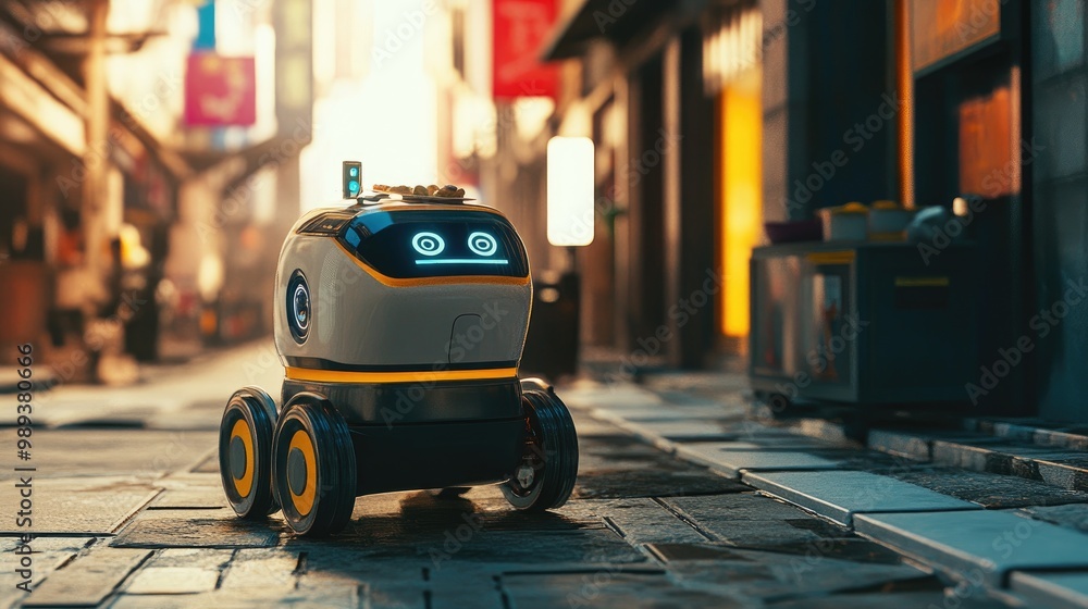 A futuristic robot delivering food in an urban setting, symbolizing automation and AI in everyday life. A futuristic robot delivering food in an urban setting, symbolizing automation and AI in everyday life.