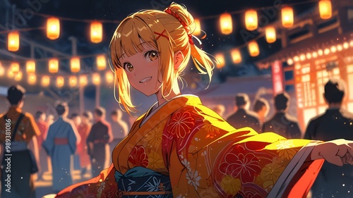 A cheerful girl with bright yellow hair tied in a bun, wearing a colorful kimono. She’s a skilled dancer and loves celebrating tradition GENERAVTIE AI