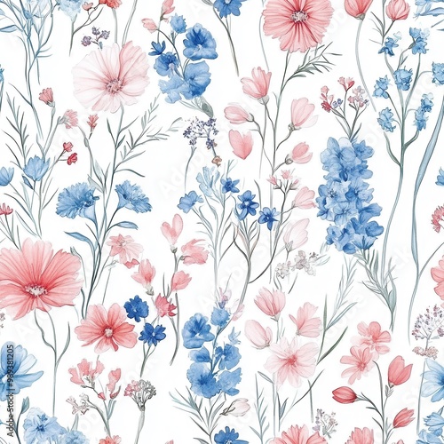 elegant and vibrant floral pattern with pastel blue, pink, and red flowers on a white background