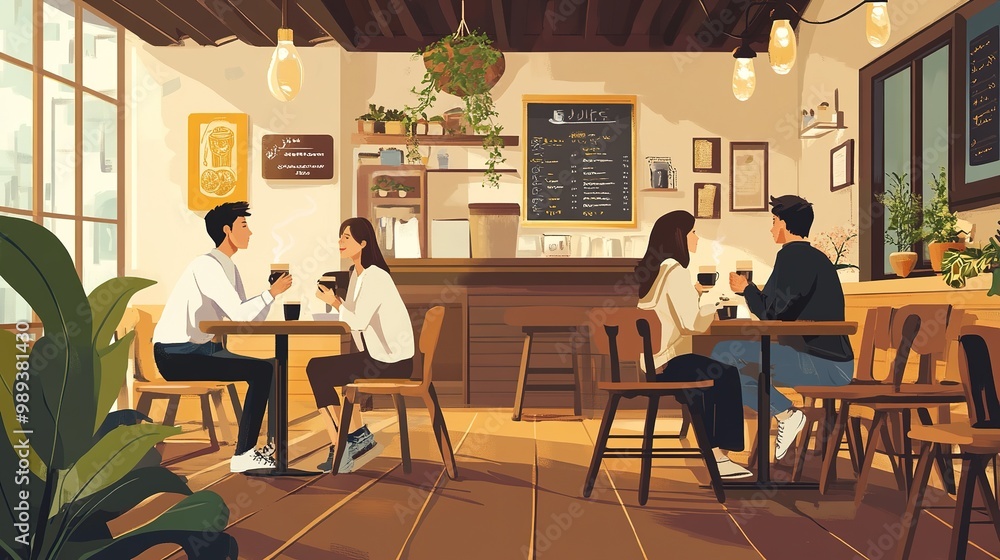 Cozy coffee shop atmosphere with friends enjoying drinks and warm light during twilight hours