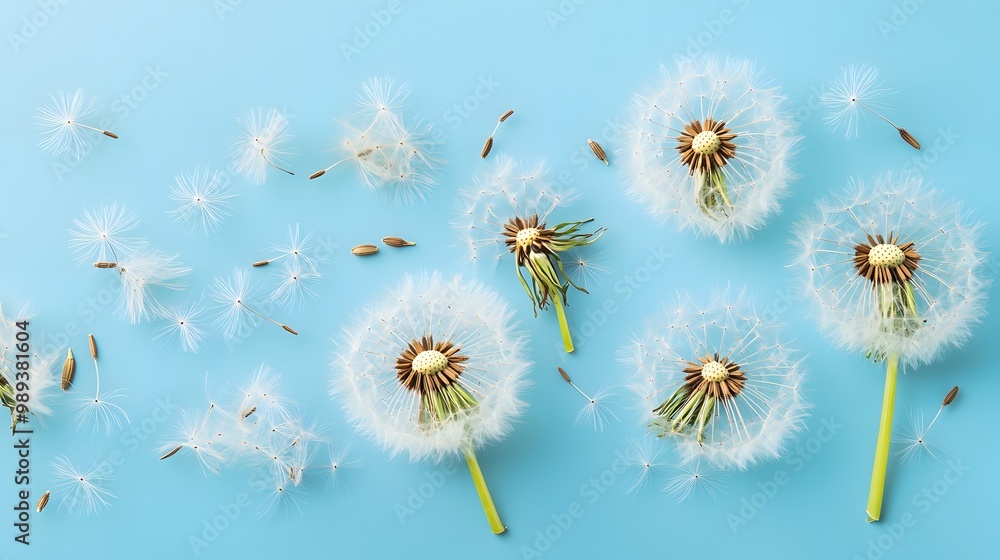 Dandelion Seeds Blowing Away On Blue Background Dandelion Seeds Blowing Away On Blue Background