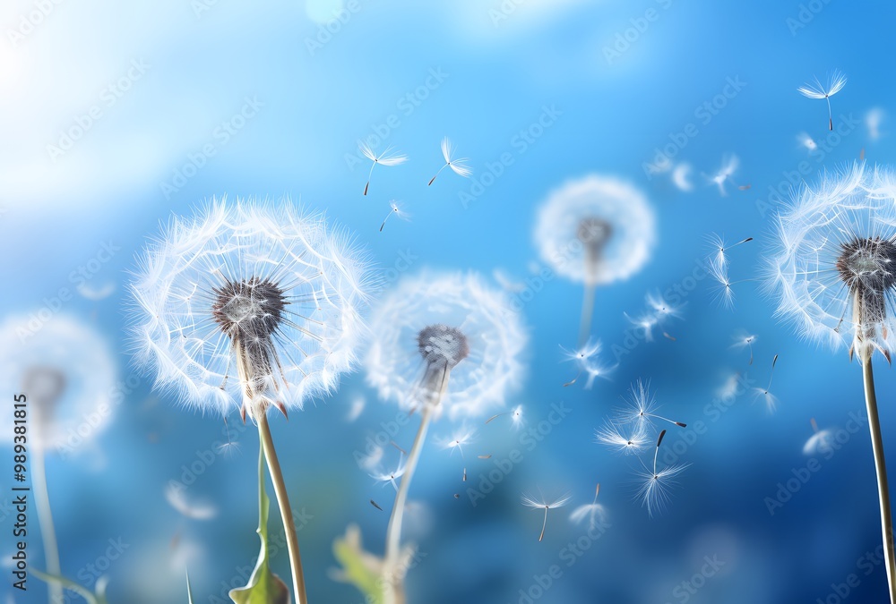 Dandelion Seeds Floating in Air Blue Background Dandelion Seeds Floating in Air Blue Background