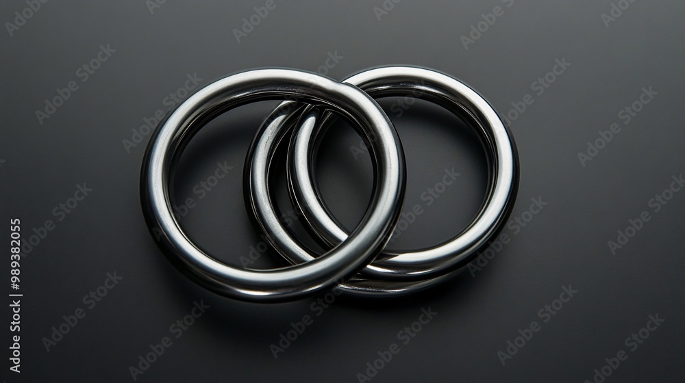 A set of metal rings linked together, isolated on a soft gradient black-and-grey background for a minimalist, clean magic trick display A set of metal rings linked together, isolated on a soft gradient black-and-grey background for a minimalist, clean magic trick display