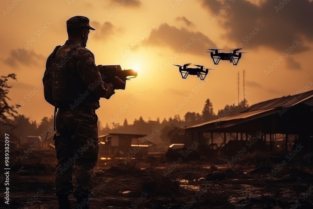 Silhouette of a soldier operating drones for military combat and reconnaissance missions Silhouette of a soldier operating drones for military combat and reconnaissance missions