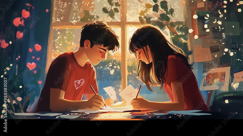 A couple creating handmade cards together on a vibrant red table, enjoying a cozy afternoon in a warm and inviting space A couple creating handmade cards together on a vibrant red table, enjoying a cozy afternoon in a warm and inviting space