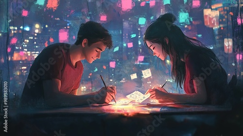 A couple creating handmade cards together on a vibrant red table, enjoying a cozy afternoon in a warm and inviting space