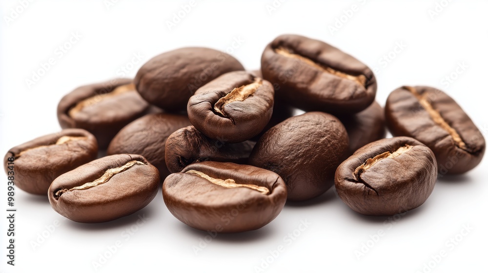 Close-Up of Roasted Coffee Beans Isolated on White Background, Perfect for Cafes, Coffee Shops, and Beverage Marketing Materials Close-Up of Roasted Coffee Beans Isolated on White Background, Perfect for Cafes, Coffee Shops, and Beverage Marketing Materials