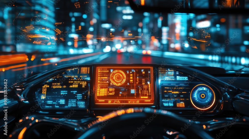 A glowing holographic dashboard on a windshield, representing futuristic self-driving and augmented reality technology. A glowing holographic dashboard on a windshield, representing futuristic self-driving and augmented reality technology.