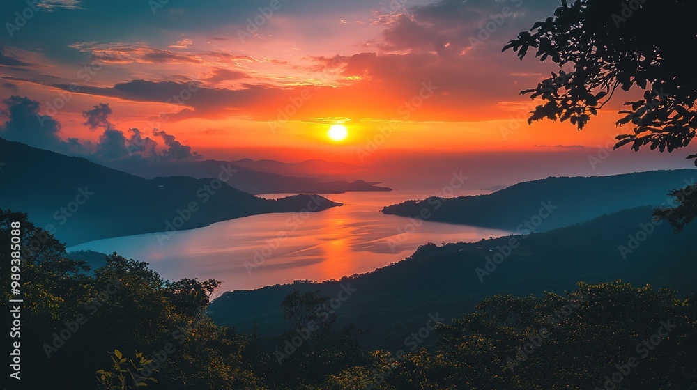 Naklejka premium A romantic sunset overlooking the ocean highlights golden skies and silhouettes of a couple on a cliff in the evening